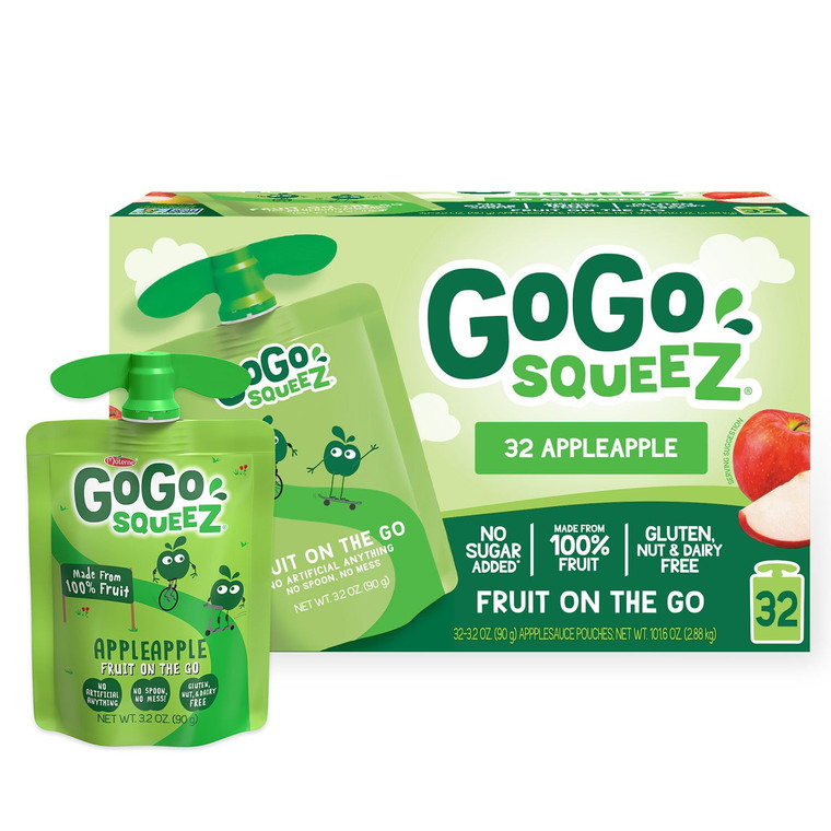 GoGo SqueeZ Applesauce Pouches, Apple Apple, 3.2 OZ, 32 CT