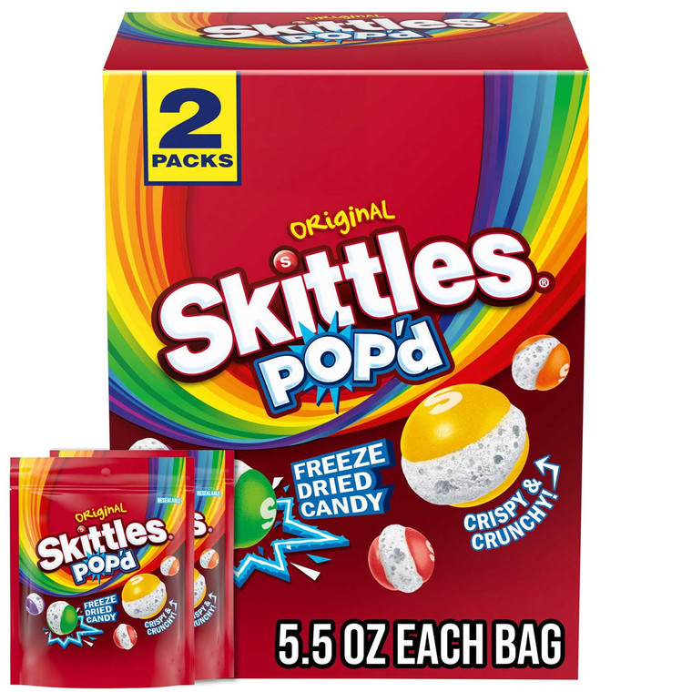 Skittles Pop'd Originals Freeze Dried, Resealable Candy, 5.5 OZ, 2 Packs