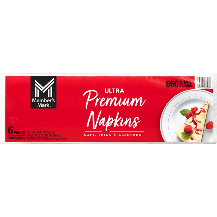 Member's Mark Ultra Premium 2-Ply White Napkins 6 Packs., 110 Napkins/Pack