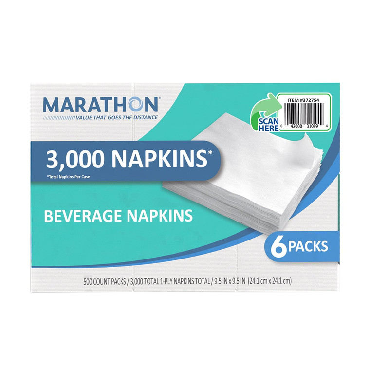 Marathon Embossed 1-Ply White Beverage Napkins, 6 Pack, 3000 CT