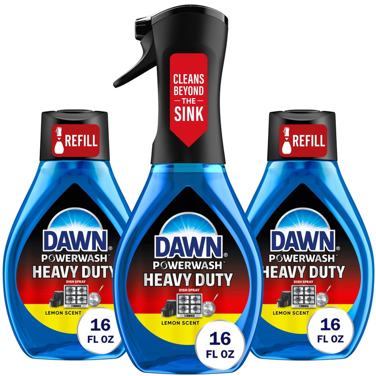 Dawn Powerwash Heavy Duty Dish Spray Bottle Set, Clean Lemon Scent, 1 Spray Bottle + 2 Refills, 48 fl. oz.
