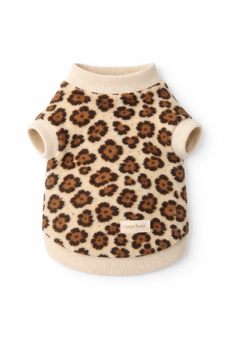 Leopard print dog sweater displayed flat, featuring a sleeveless design, soft fabric texture, and clean finished edges.