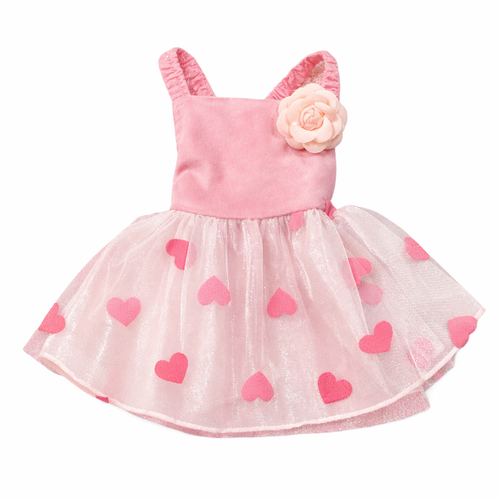 Dog dress with a soft fitted bodice, sleeveless design, and a tulle skirt featuring heart-shaped details and a decorative flower accent.
