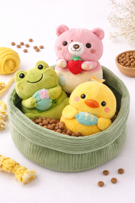 Plush animal pet toys shaped like a bear, frog, and duck, arranged in a soft fabric basket with decorative elements on a clean background.