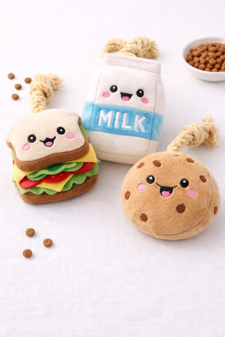 Creative plush pet toys with soft fabric textures and playful character designs, arranged neatly on a clean background.