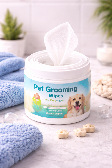 A container of pet grooming wipes with a soft white wipe partially pulled from the lid, displayed on a clean countertop with folded towels and grooming accessories.