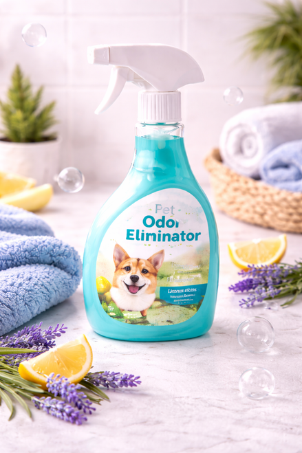 Pet odor eliminator spray bottle displayed on a clean countertop with folded towels, fresh herbs, and citrus elements to suggest a fresh, clean environment.