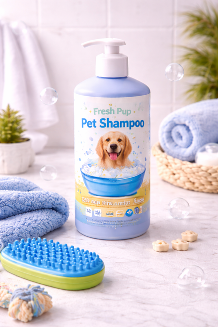 A bottle of pet shampoo with a pump dispenser displayed on a bathroom countertop, surrounded by folded towels, grooming tools, and bath accessories.