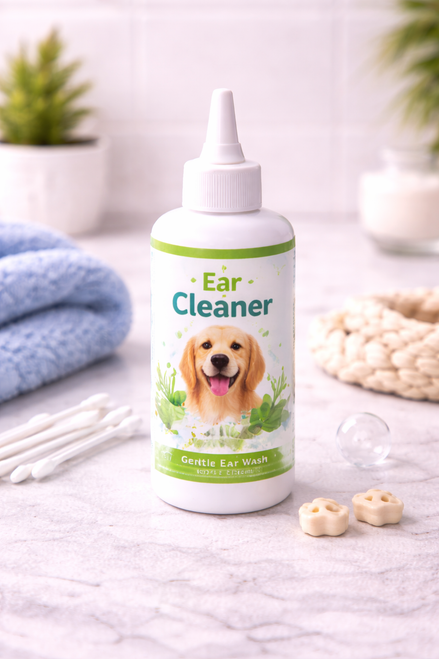 A bottle of pet ear cleaner with a pointed applicator tip, displayed on a clean bathroom countertop alongside cotton swabs, folded towels, and grooming accessories.