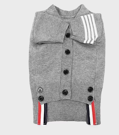 Knit dog sweater with button-up front, ribbed edges, and contrast stripe detailing, designed for comfortable everyday wear.