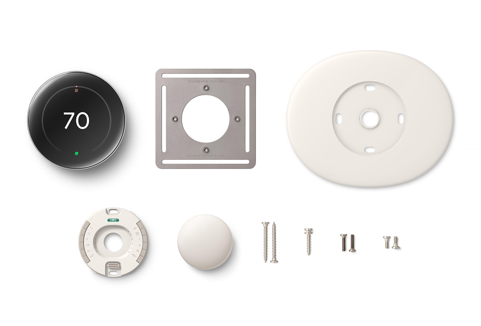 Included items: Thermostat display / Thermostat base / Trim plate / Steel plate / Mounting screws and wiring labels / Nest Temperature