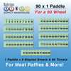 90 x 1 paddle tickets bingo raffles bingo meat raffles background is a bright blue sky and a bingo supply warehouse logo with colorful bingo balls and the series of 90 x 1 paddle tickets describing how the raffle tickets are numbered and for what type of bingo wheel paddle tickets in yellow blue green pink and orange