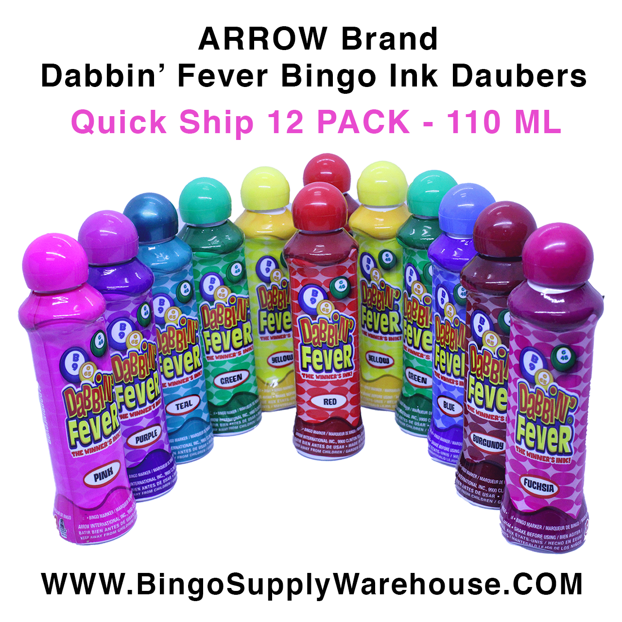Dab-O-Ink Super Bright Full Fluorescent Bingo Ink Daubers - Variety Color 12 Pack - 80 ml Bottles