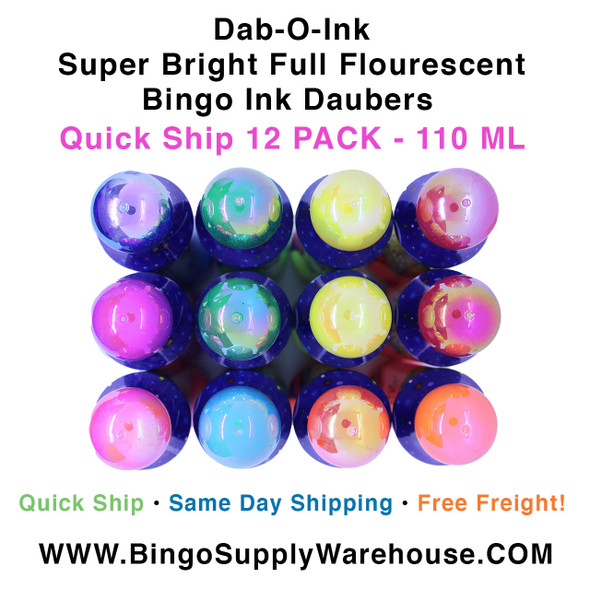 Dab-O-Ink Super Bright Full Fluorescent Bingo Ink Daubers Variety Color 12 Pack - 110 ml Bottles