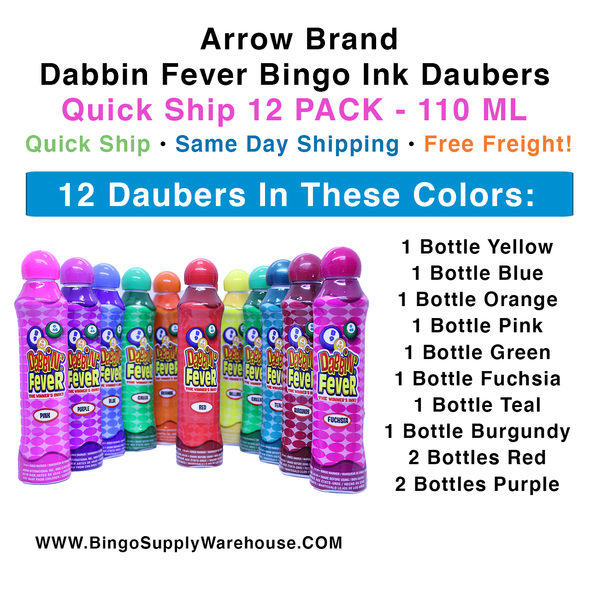 Arrow Dabbin Fever Bingo Ink Daubers  Variety Colors 12 Pack - 110 ml Bottles