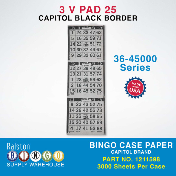 Case Bingo Paper - Capitol V3 PAD 25 Series 36-45000 Black Border 