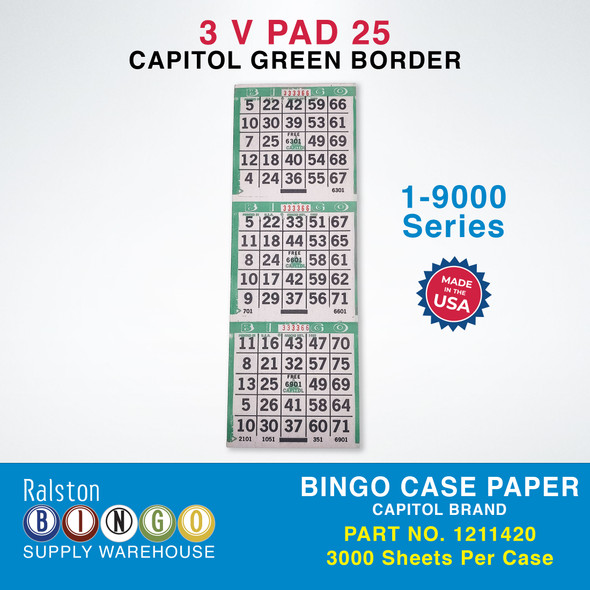 Case Bingo Paper - Capitol V 3 PAD 25 Series 1-9000 Green Border