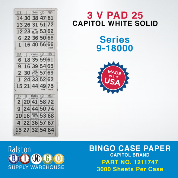 Case Bingo Paper - Capitol V 3 PAD 25 Series 9-18000 White Solid