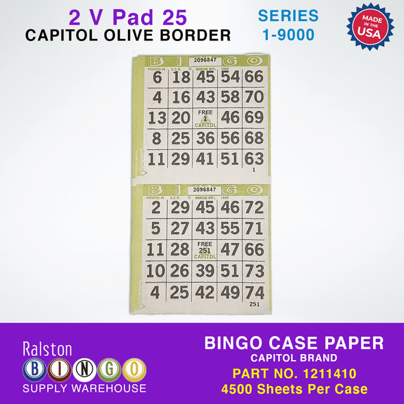 Case Bingo Paper - Capitol 2V PAD 25 Series 1-9000 Olive Border
