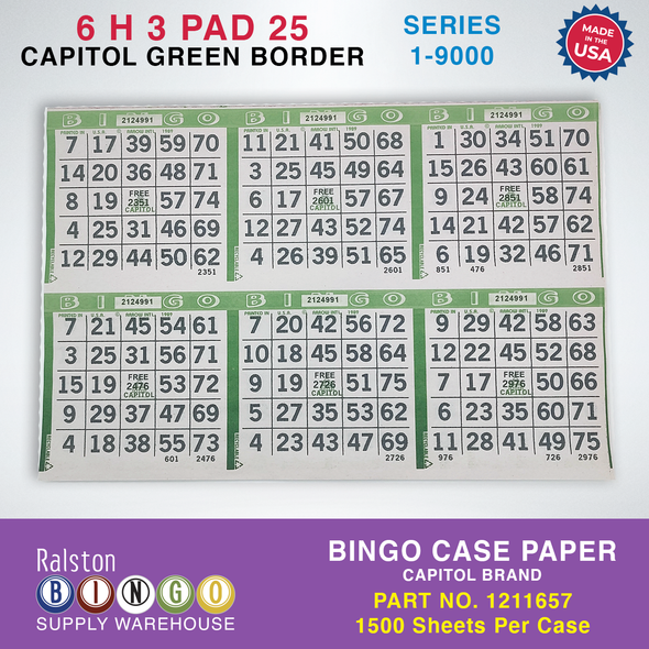 Case Bingo Paper - Capitol 6 H 3 PAD 25 Series 1-9000 Green Border