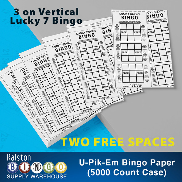 3 on Vertical U-Pik-Em Lucky 7 Bingo 2 Free Spaces (5000 Count Case)