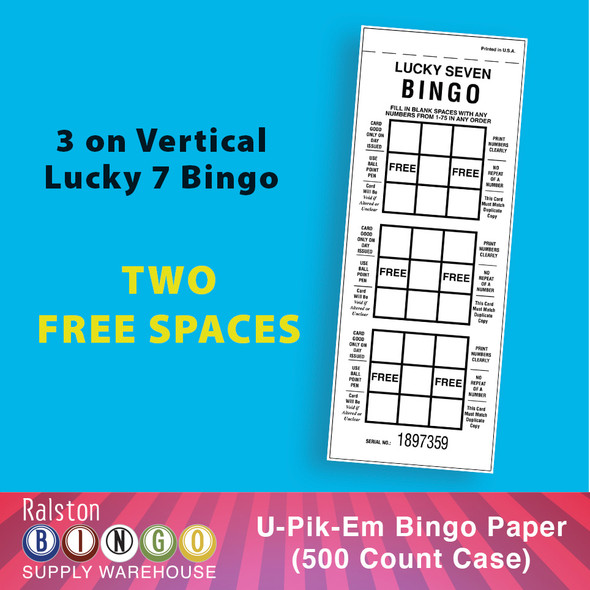 3 on Vertical U-Pik-Em Lucky 7 Bingo 2 Free Spaces (500 Count Case)