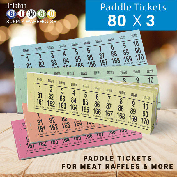 bingo supply warehouse website thumbnail showing our 80 x 3 paddle tickets paddle tickets for church and non-profit fundraisers meat raffles