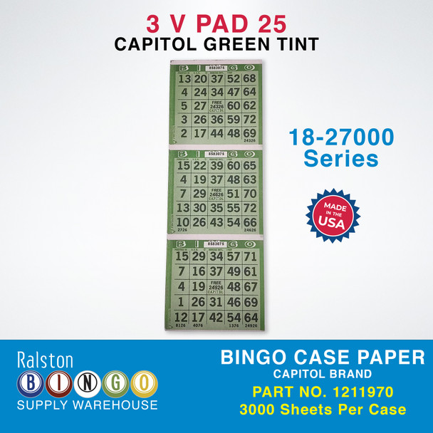Case Bingo Paper - Capitol V 3 PAD 25 Series 18-27000 Green Tint 