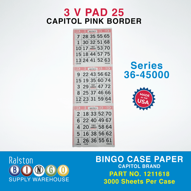 Case Bingo Paper - Capitol V 3 PAD 25 Series 36-45000 Pink Border