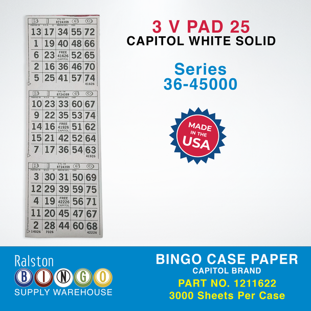 Case Bingo Paper - Capitol V 3 PAD 25 Series 36-45000 White Solid