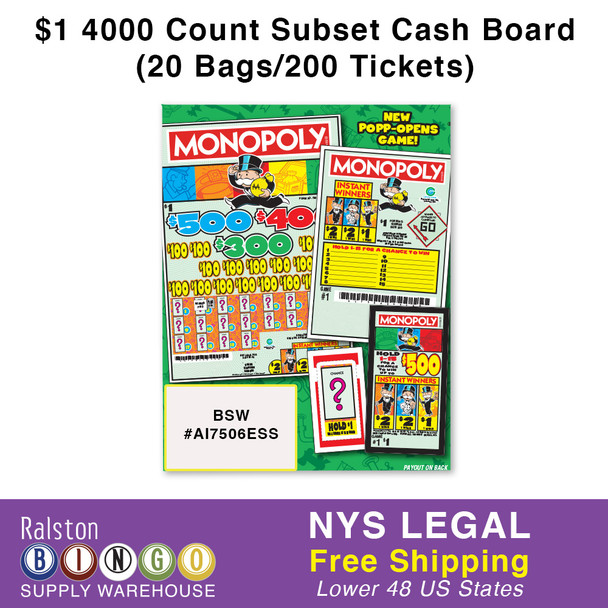 MONOPOLY CASH BOARD - $1 4000 Count Subset (20 Bags/200 Tickets)