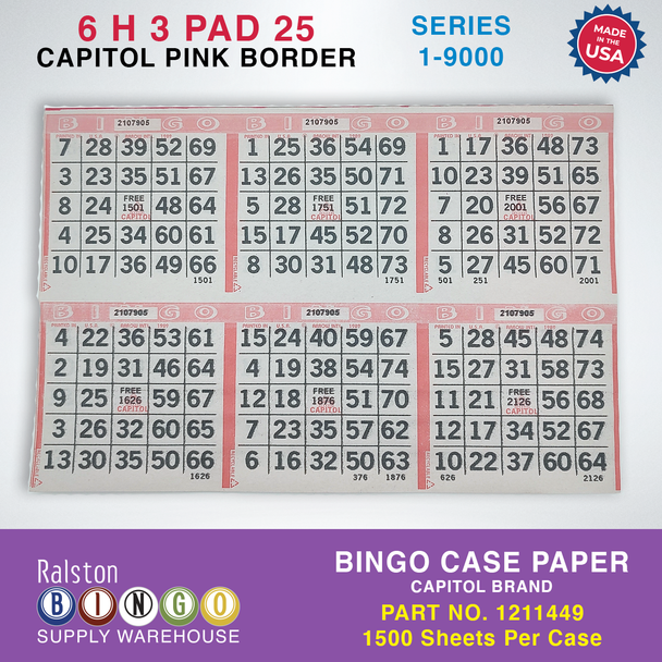 Case Bingo Paper - Capitol 6 H 3 PAD 25 Series 1-9000 Pink Border