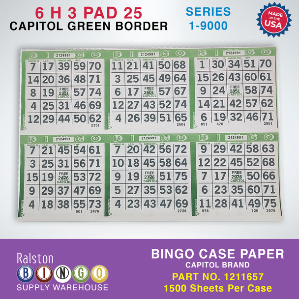 Case Bingo Paper - Capitol 6 H 3 PAD 25 Series 1-9000 Green Border