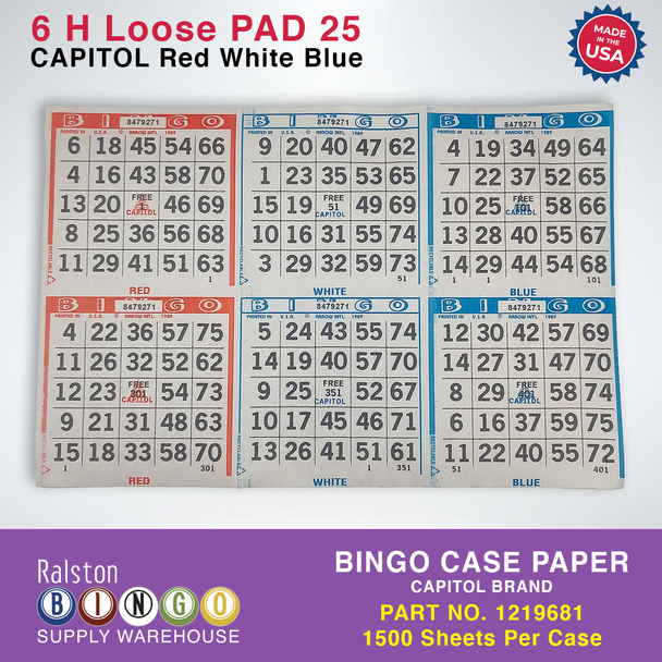 Case Bingo Paper - Capitol 6 H Loose PAD 25 Red White Blue