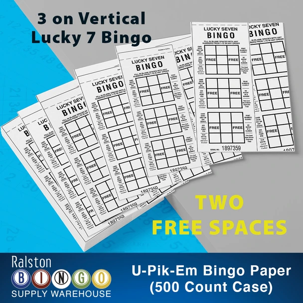 3 on Vertical U-Pik-Em Lucky 7 Bingo 2 Free Spaces (500 Count Case)