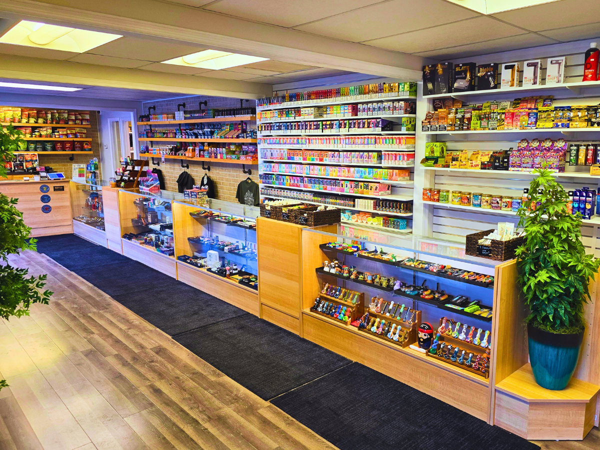 Glass pipes and smoking accessories display at Perham smoke shop