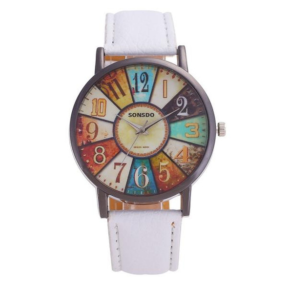 Retro Personality Digital Turntable PU Leather Strap Quartz Watch(White)