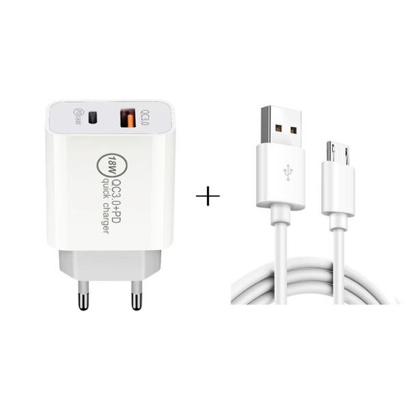 SDC-18W 18W PD + QC 3.0 USB Dual Fast Charging Universal Travel Charger with Micro USB Fast Charging Data Cable, EU Plug
