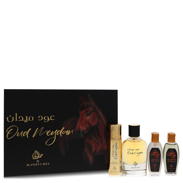 Oud Meydan by My Perfumes Gift Set -- 3.4 oz Eau De Parfum Spray + 3.4 oz Perfumed Hair & Body Mist + 2 oz Shower Gel + 2 oz Body Lotion for Men