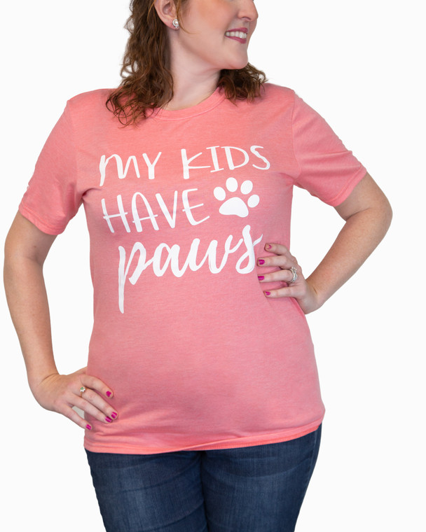 Shirt, Crew Neck, My Kids Have Paws, Coral
