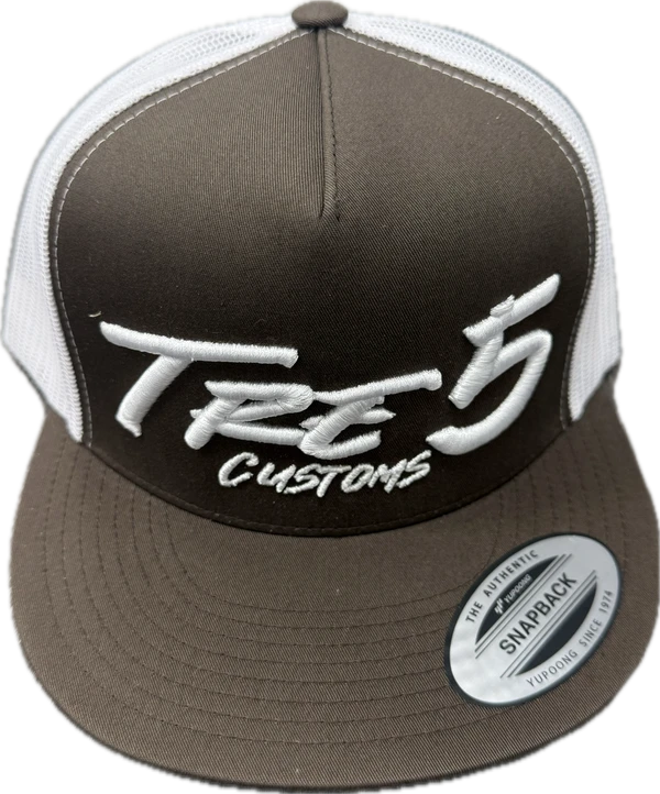 Brown with white logo and white mesh snap back