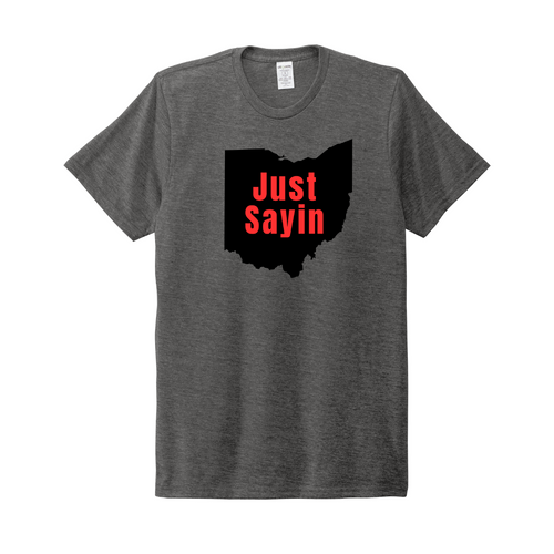 Just Sayin Tee shirt in the state of Ohio outline with the state in black and the words in red - tee shirt color is grey