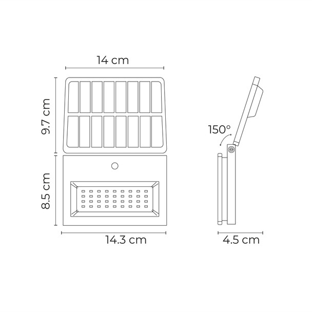 Illux Lámpara Reflector LED Soleil Solar De Sobreponer En Muro Negro 8 W CCT Ajustable 3.7 V- MTC 3 000 K - 4 000 K - 6 500 K MS-4708.NMTC