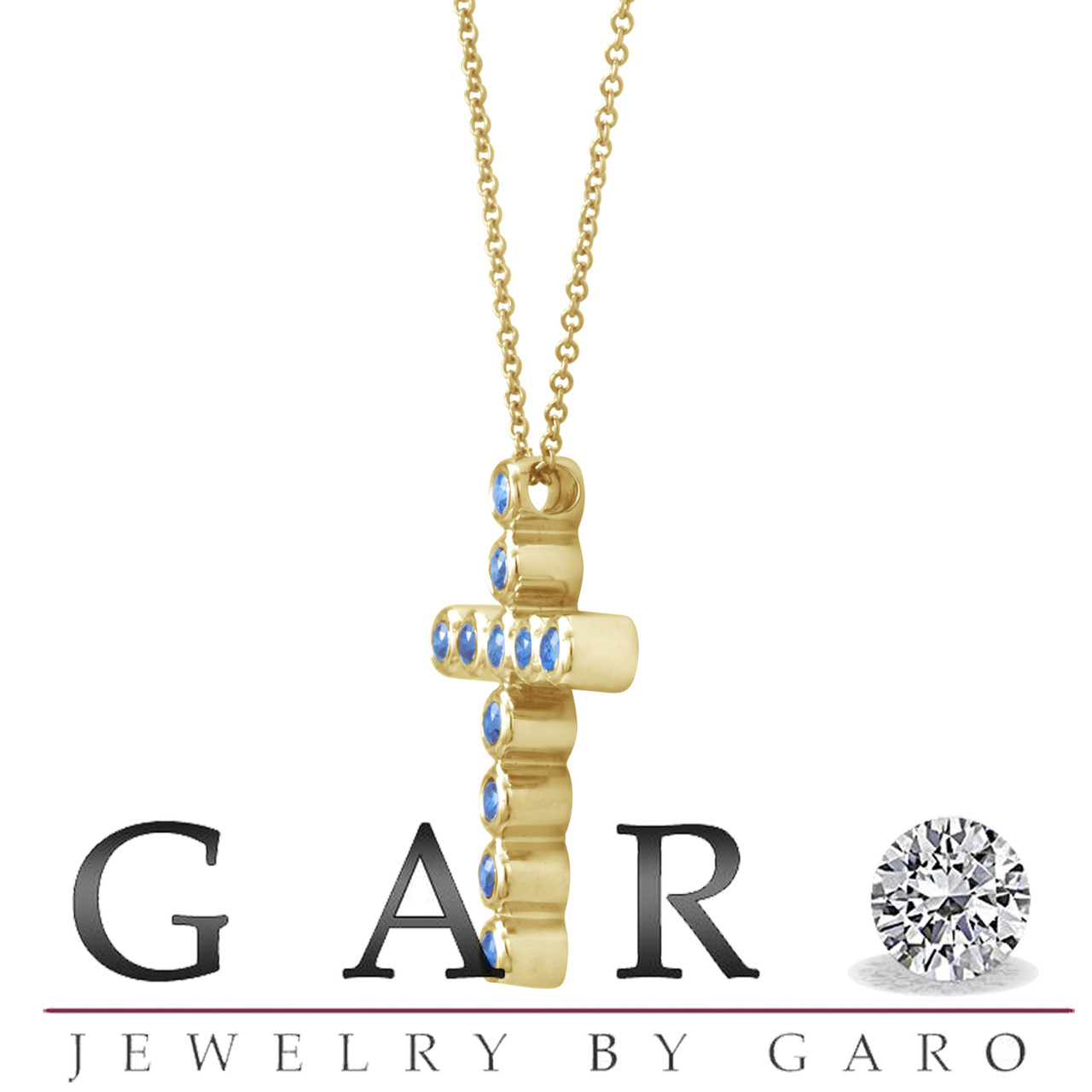 18K Yellow Gold Blue Diamond Cross Pendant Necklace 0.40 Carat