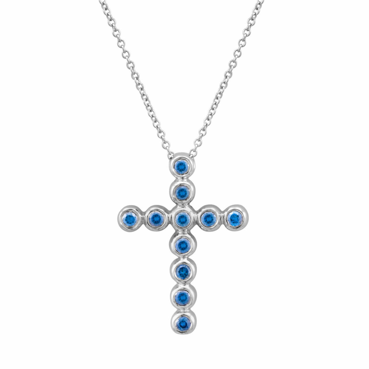 Blue Diamond Cross Pendant Necklace 14K 