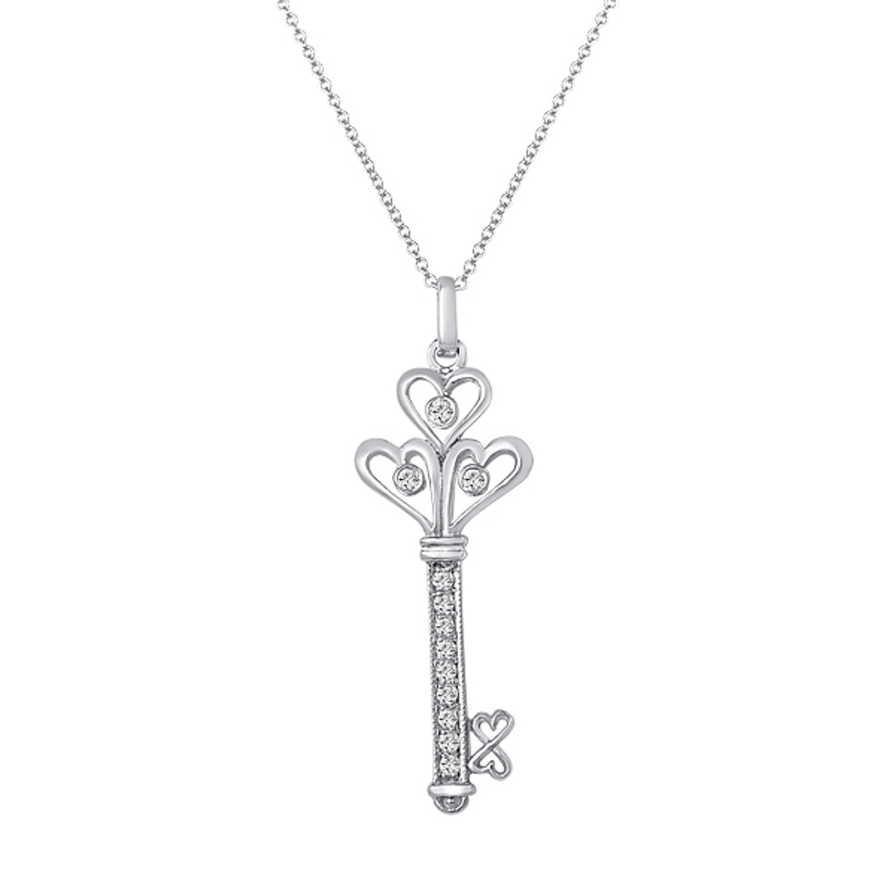 Diamond Heart Key Pendant Necklace 14k White Gold (0.10ct) - AZ10835