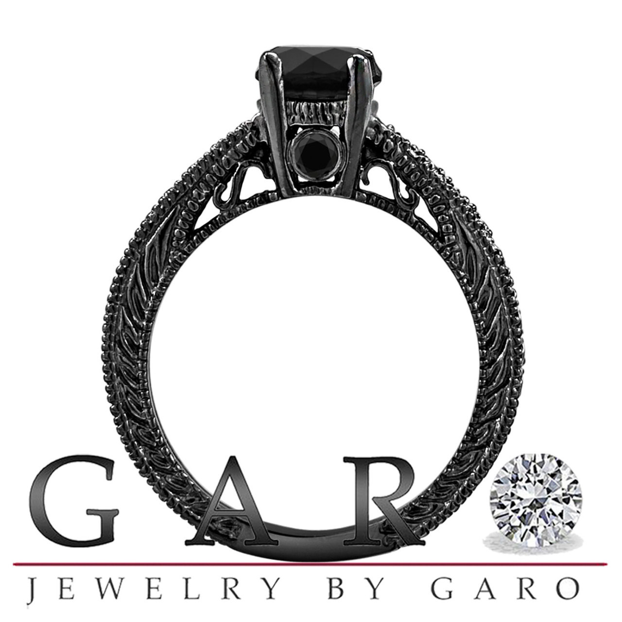 Black Diamond Engagement Ring Vintage Style 14K Black Gold