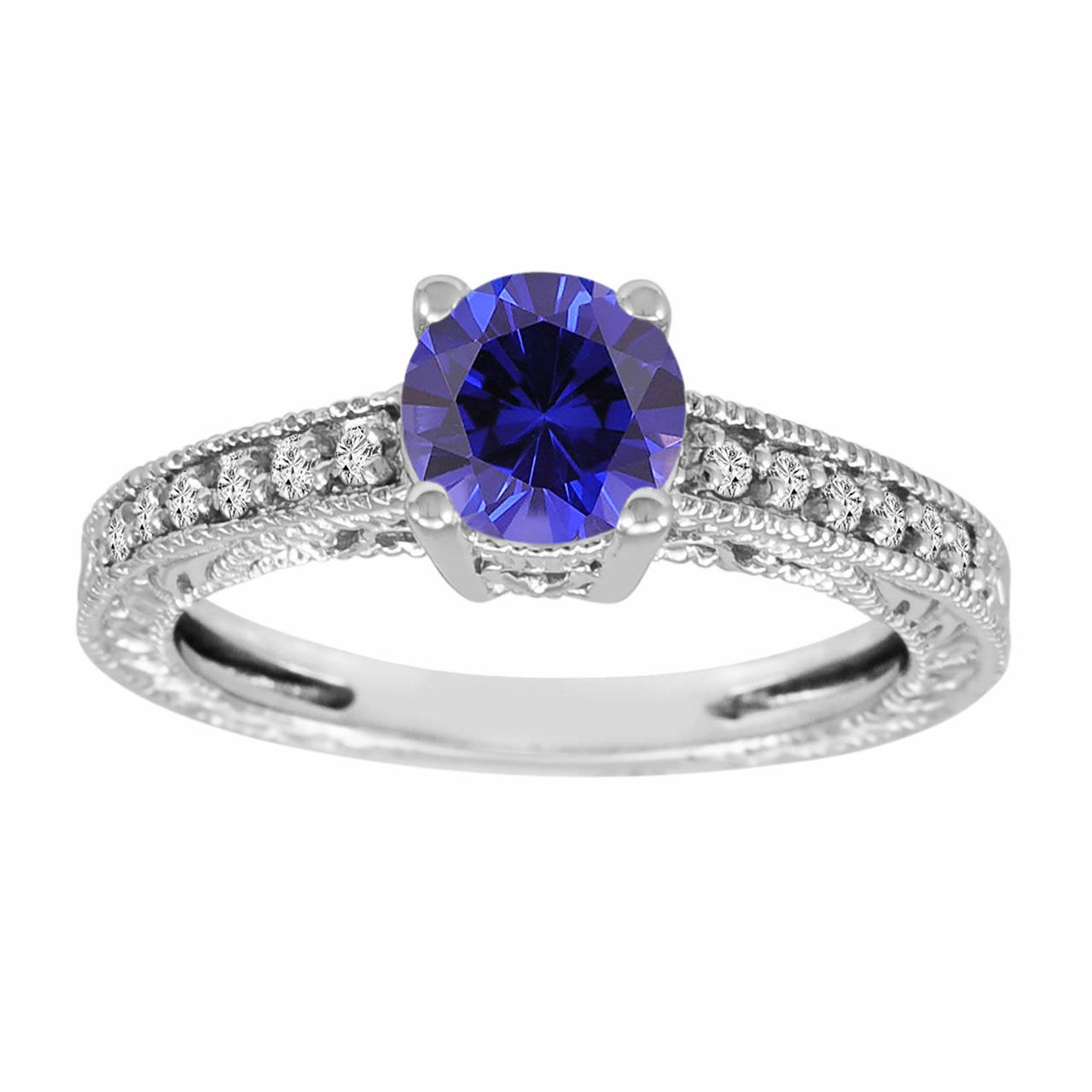 1ct 6mm Sapphire Engagement Ring Vintage Diamond Floral Ring Art Deco