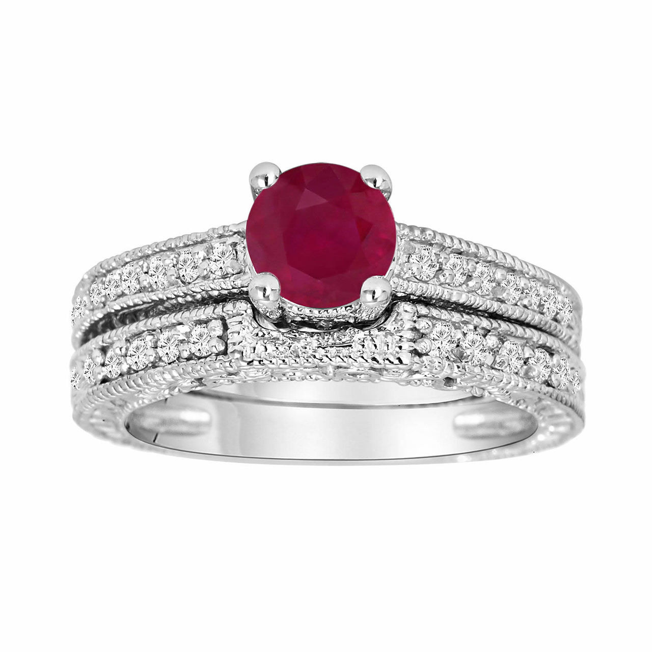 Rose Gold Diamond Halo Lab Ruby Engagement Ring Set With Euro Open Shank  Double Band