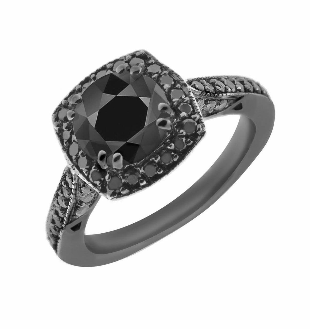 Fancy Black Diamond Engagement Ring 149 Carat Vintage Style 14k Black 